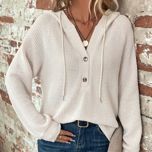 . Tops - Apricot Casual Womens Half Button Raglan Sleeve Drawstring Hoodie